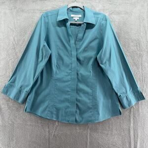 Foxcroft Top Womens 16 Teal Fitted Button Up Shirt Heritage Non Iron Long Sleeve